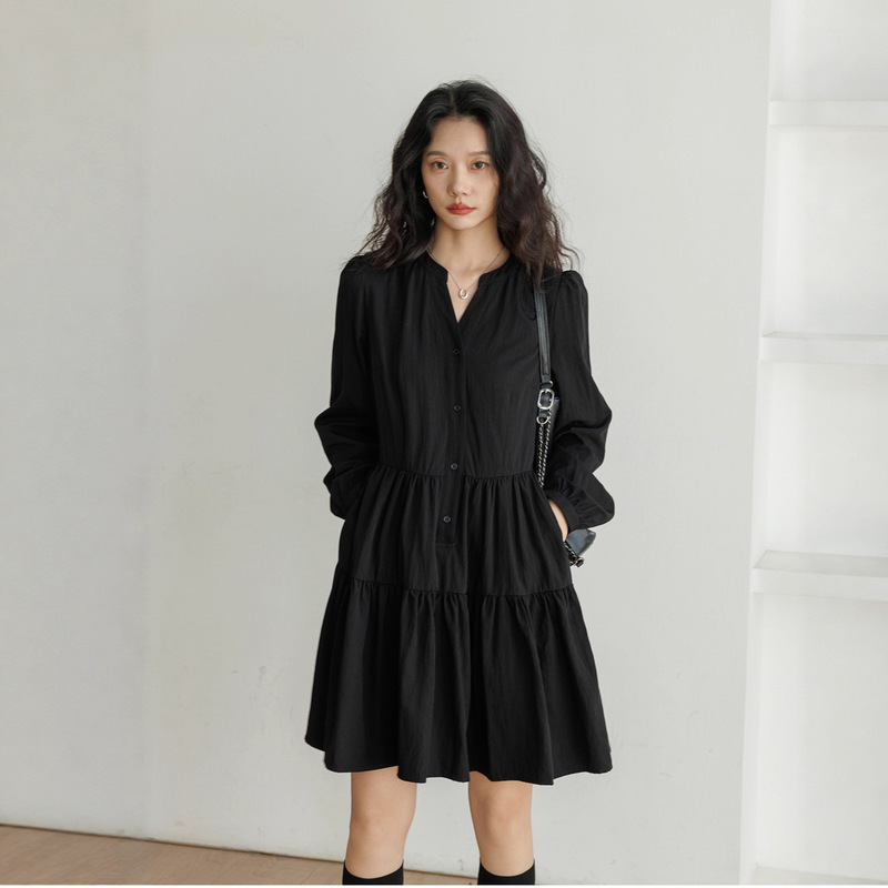 Casual Autumn and Winter Loose Large Size Slim New Black Corduroy Long-Sleeved Dress Retro Waist Cake Skirt