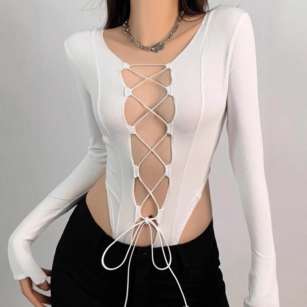 Estilo europeo y americano ins chica caliente sexy nuevo hueco Cruz encaje-arriba manga larga mono mujer Slim bottoming camiseta top image 6