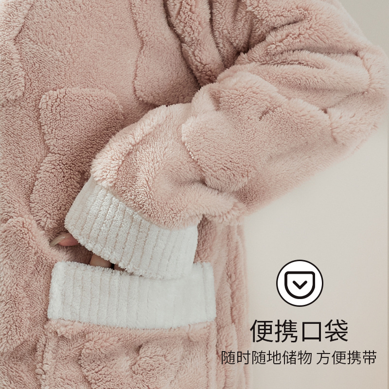 토끼 자카드 산호 양털 파자마 여성 기모 두꺼운 V-NECK 아웃웨어 플란넬 커플 홈 의류 세트 남성