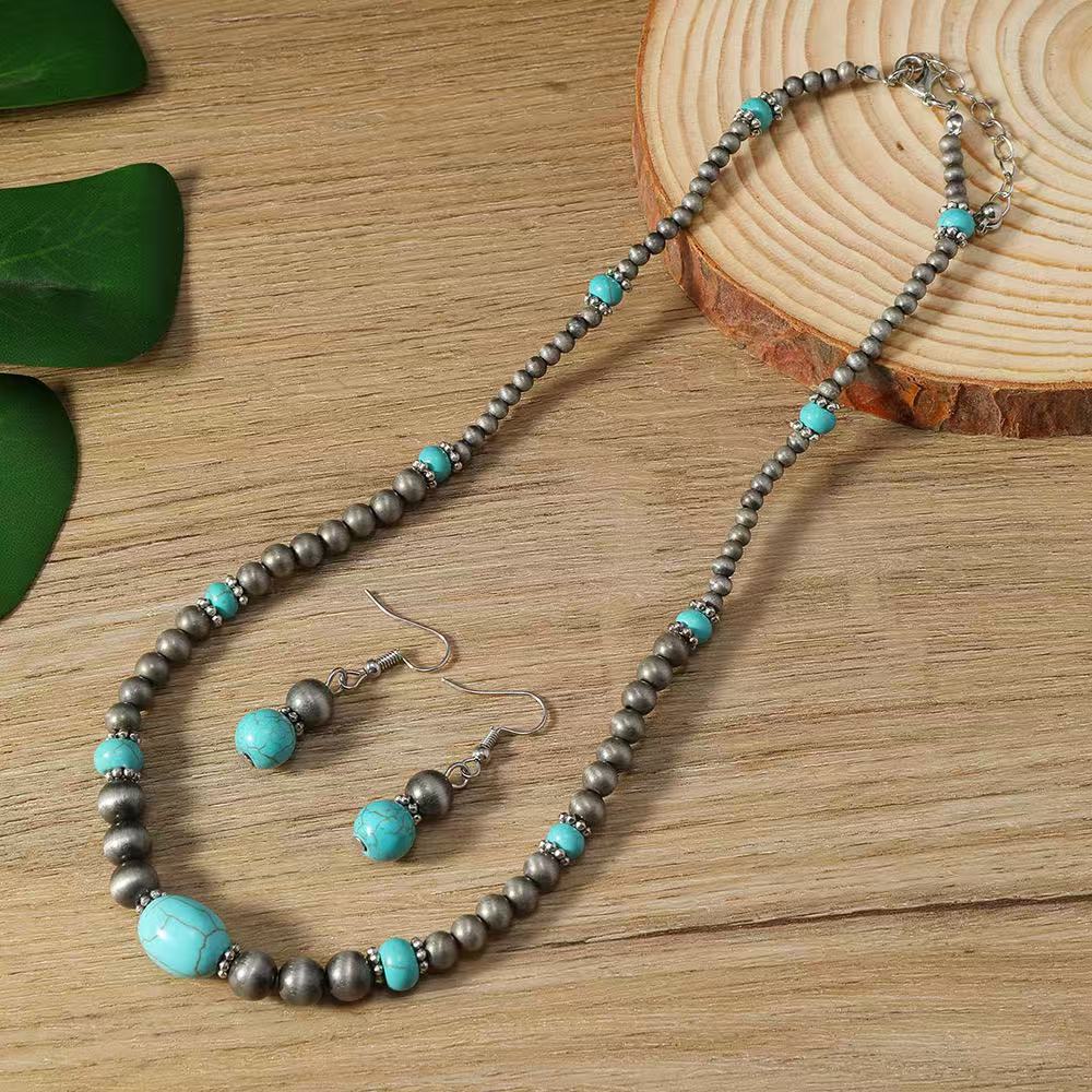 Ensemble collier et boucles d'oreilles turquoise style ethnique pour femme, design de niche, perles argentées antiques automne-hiver_voghion.com