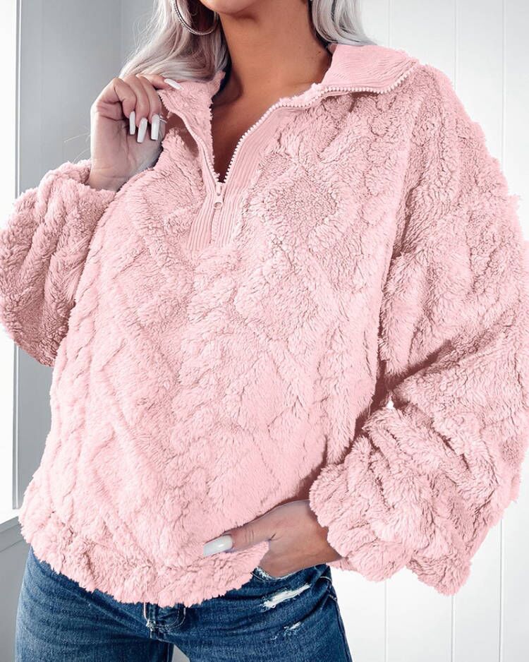 Women's Clothing simple solid color half zip stand collar loose plush pullover sweatshirt_voghion.com