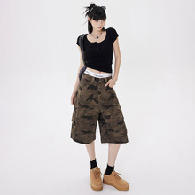 2024美式复古高腰阔腿裤迷彩五分裤多口袋工装裤百搭直筒牛仔裤女