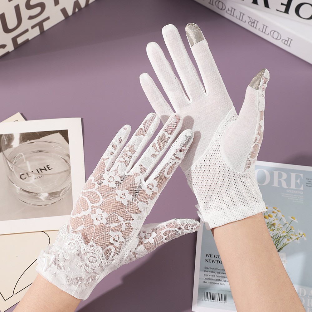 Nuevos guantes de protección solar para mujer primavera y verano al aire libre pantalla táctil encaje antideslizante arco fábrica al por mayor