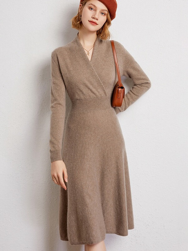 Over-the-knee V-neck cashmere dress women's mid-length slim-fit chest wrap knitted autumn and winter stitching long-sleeve cross-neck waist