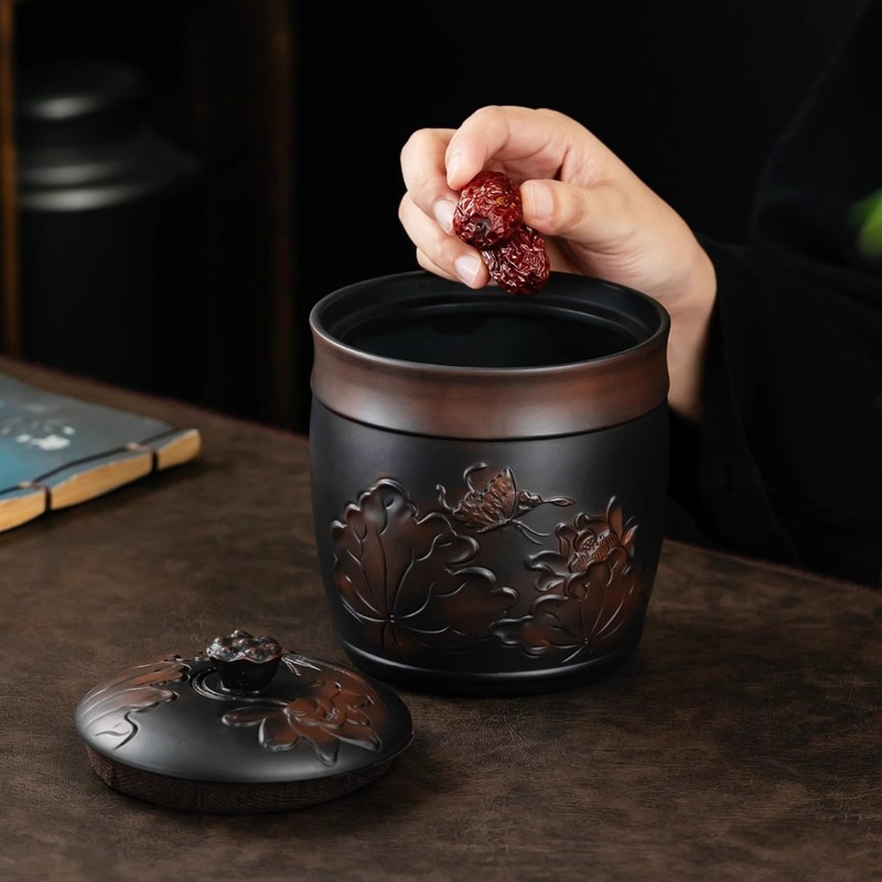 紫陶茶叶罐密封罐陶瓷紫砂大中号荷花醒茶罐普洱储存罐防潮家建水|undefined
