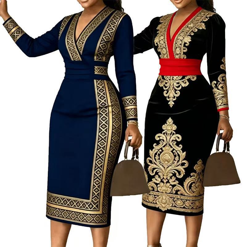 New Women's Elegant V Neck Long Sleeve Dress Style Digital Print_ecoleips.com