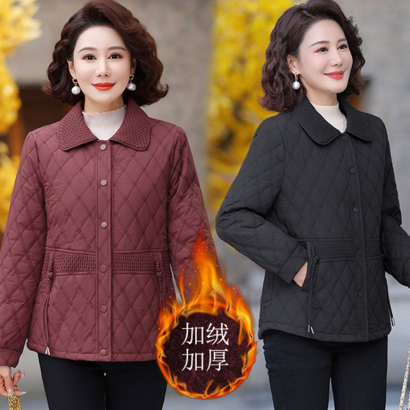 时尚妈妈翻领加绒棉服外套秋冬新款洋气高贵轻薄棉衣中老年上衣女|undefined