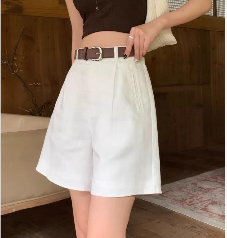 Quần short nữ vải lanh phối cotton dáng rộng ống suông mùa hè — màu trắng chi tiết 8