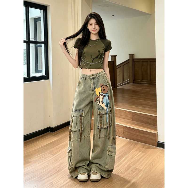 Retro Designer Scimitar Jeans Trendy New Style Bear Print Workwear Multi-Pocket Cool and Stylish Pants