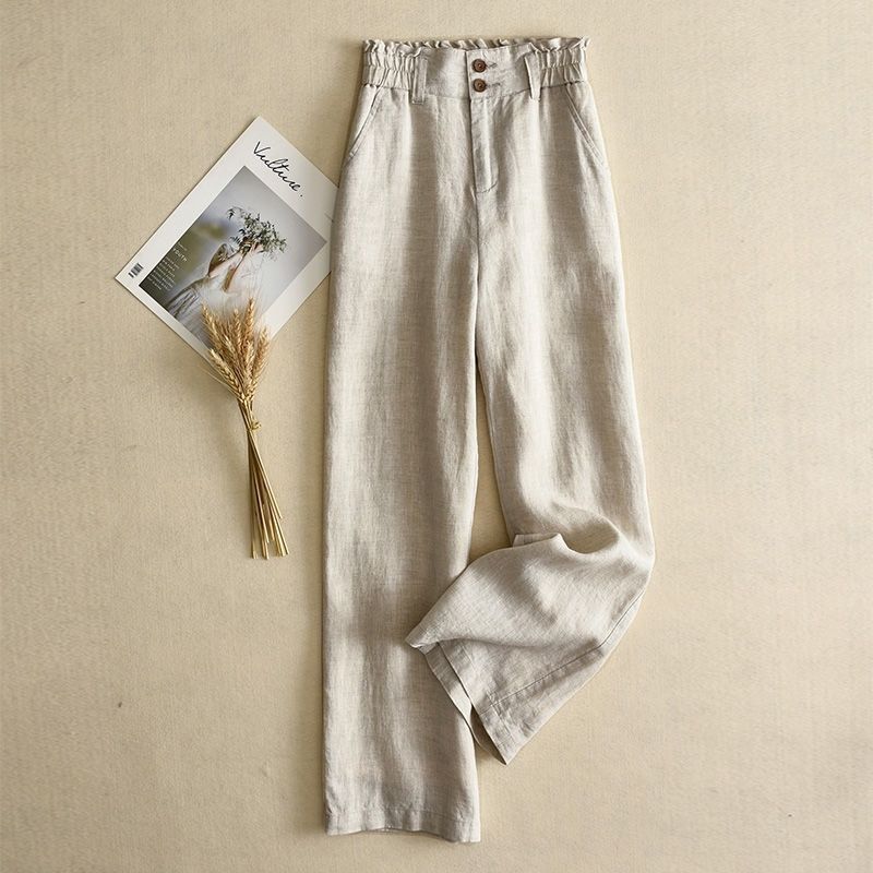 Gray Linen Wide-Leg Pants for Women High-Waisted Draped 2025 Loose Casual Cotton and Linen Pants Flower Waist Linen Straight Pants