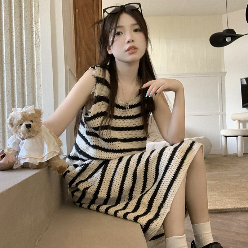 Summer New Korean Style Ripped Design Niche Hawaiian Resort Style Striped Vest Long Dress One Size Fits All
