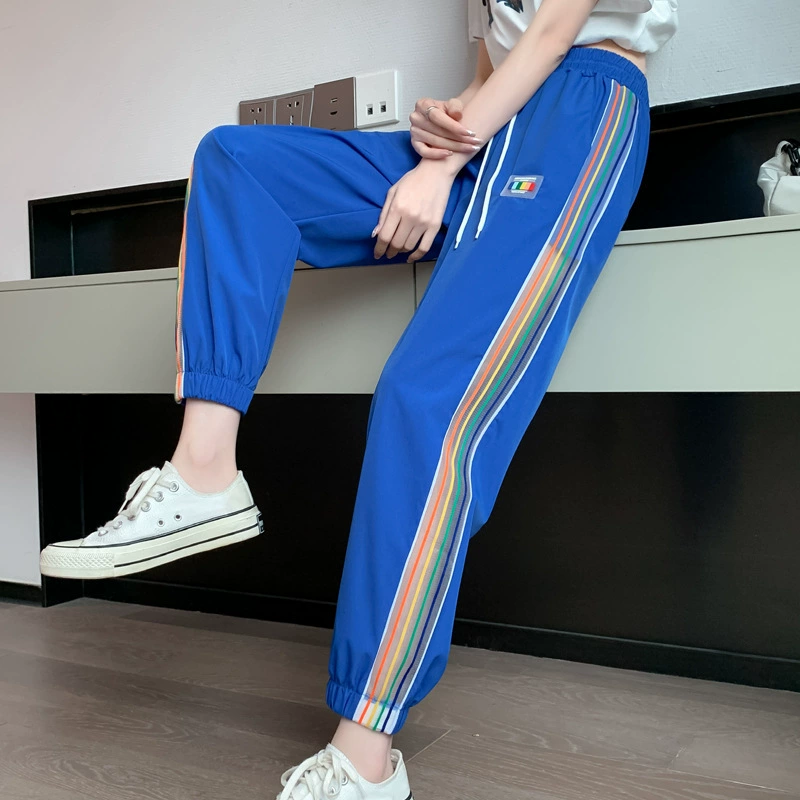 Штаны из ледяного шелка, спортивные штаны с радужными полосками, синие спортивные штаны с защитой от солнца, быстросохнущие белые повседневные штаны, женские штаны, удлиняющие ноги