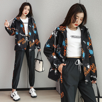 女士外套春秋薄夹克潮牌满印宽松棒球服时尚休闲套装裤子