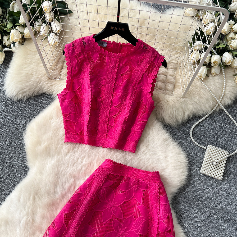 French Style Lace Openwork Two Piece Vest And Skirt Set Elegant_voghion.com