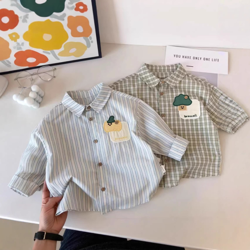New Korean-Style Children's Shirt, Spring and Autumn New Model, Striped Plaid Long-Sleeve Shirt, Stylish Baby Boy Spring Outfit