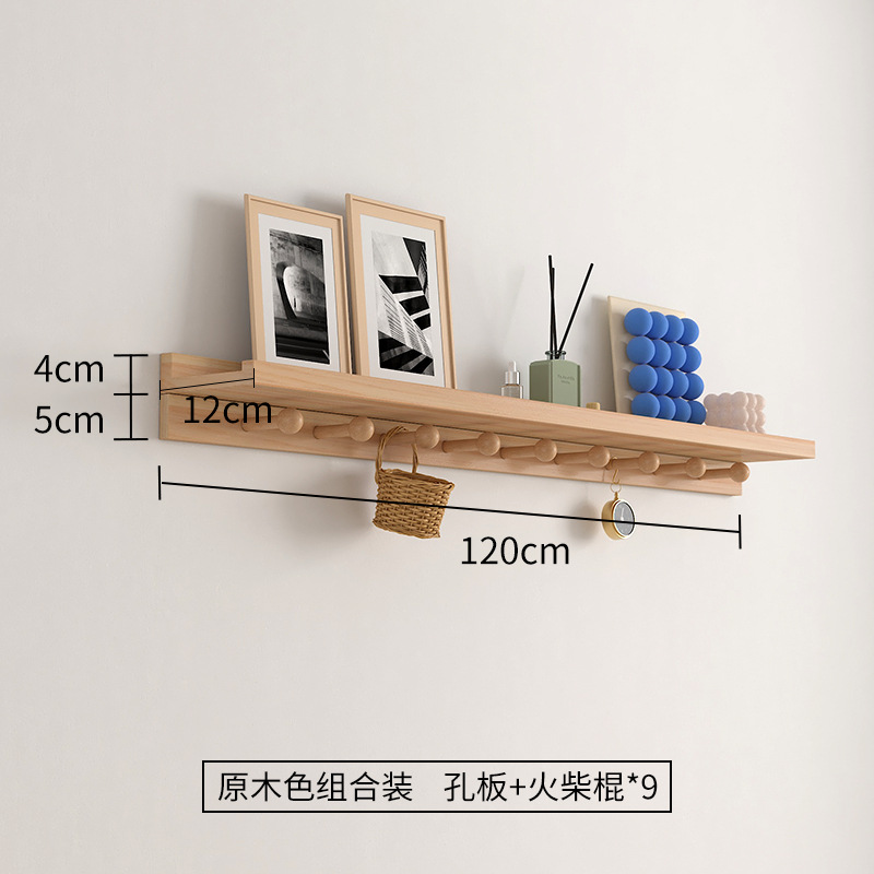 Estante de pared simple nórdico con gancho de fila de hongos madera maciza tablero de una palabra estante de palo perforable