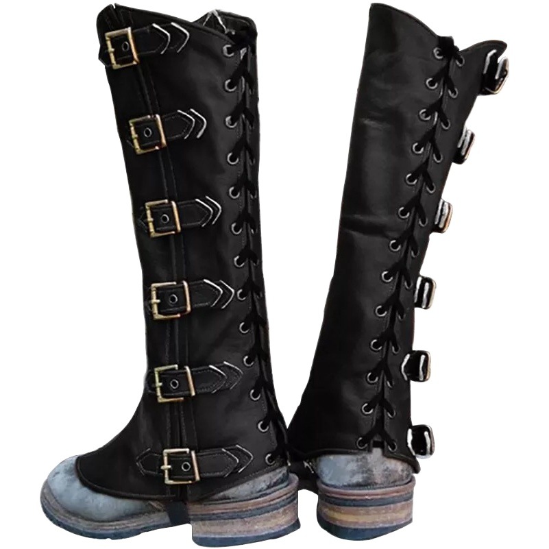 Medieval Renaissance Samurai PU Leather Leggings COSPLAY Vintage Lace-Up Shoes Boot Cover