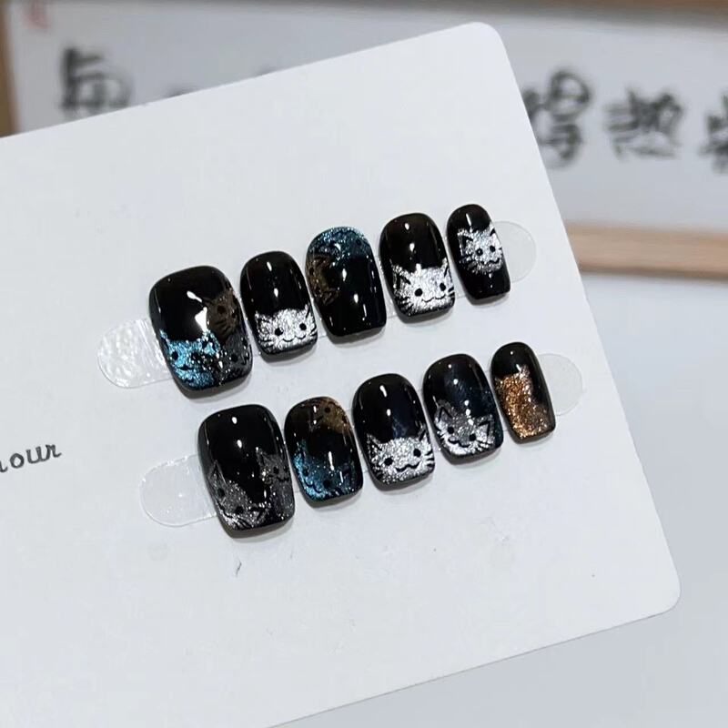 Wear armour handmade ins color cat eye cute cat hand-painted nail art finished removable fake nail piece wholesale