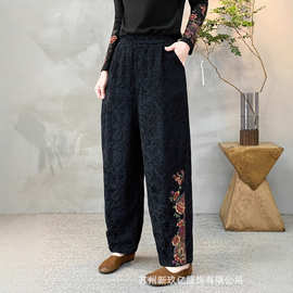 四季新款松紧腰大码显瘦哈伦裤女民族风刺绣棉麻提花百搭休闲裤女