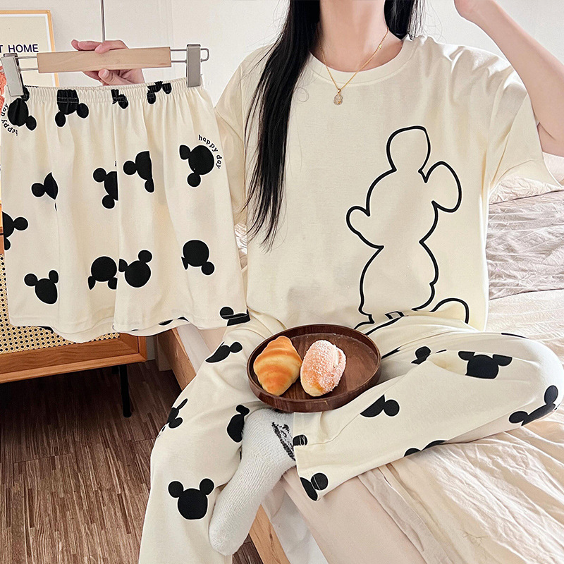 2025 Spring Women's Imitation Cotton Pajamas Three-Piece Home Clothes Short Sleeve Trousers Cartoon Mickey Cheap Pajamas suit