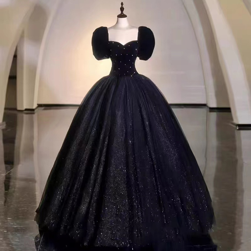 Vestido de noche para mujer, nuevo estilo invierno 2026, vestido de tul negro con mangas abullonadas para ceremonia de mayor edad, examen de arte, presentadora y reunión anual.