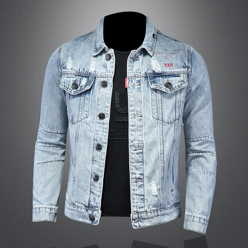 2023 Spring New European Style Men's Light-Colored Lapel Denim Jacket With Bee Embroidery QT5027/H06520_mkmklike.com