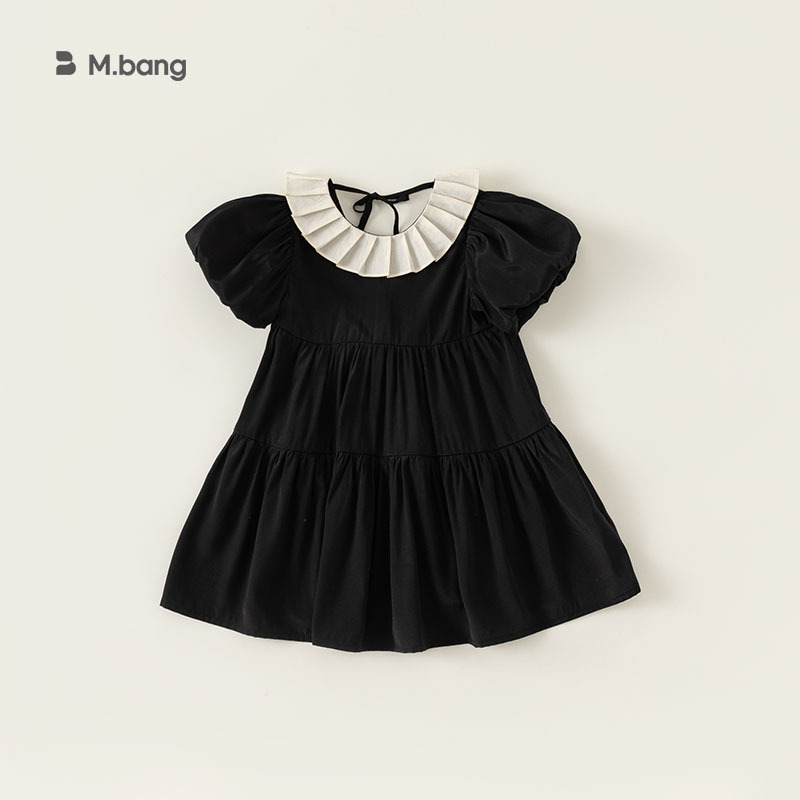 Bangxuan Children's Clothing Girls' Puff Sleeve Dress Summer Hepburn Style Children's Little Black Dress Elegant Little Princess Dress