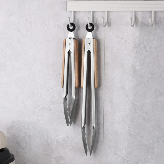 Wooden Handle Stainless Steel Food Clip Outdoor Barbecue Food Clip Outdoor Camping Barbecue Steak Clip Household Dinner Clip