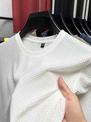Original thin bamboo node ice silk men's short sleeve summer elastic slim fit comfortable cool feeling top casual trendy