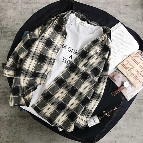 Men's Long-Sleeve Grid Shirt, Korean-Style Slim Fit, New Autumn Version, Hong Kong Style, Youth Student Original Host, Versatile Collarless Jacket