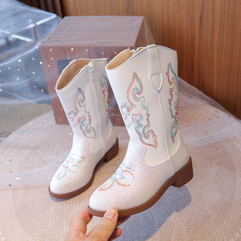 女の子プリンセスブーツ 2025 秋と冬の新しいスタイルの小さな女の子ベルベット暖かいブーツ子供の刺繍入りウエスタンブーツ|undefined