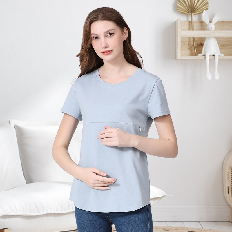 夏の辛いお母さんの妊婦の半袖のtシャツの純綿のファスナーの授乳服の家庭の底のシャツの欧米の大きいサイズは現物を提供します。|undefined