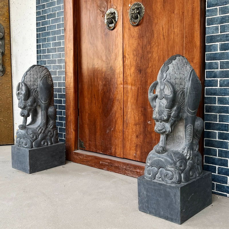 石雕吸水兽一对爬式祠堂古建寺庙门口大的摆件仿古青石做旧避水兽