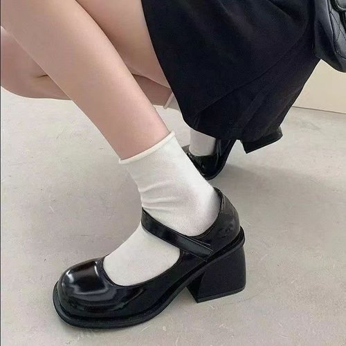French Mary Jane high heels women's new temperament fairy style thick heel black single shoes small leather shoes Velcro patch