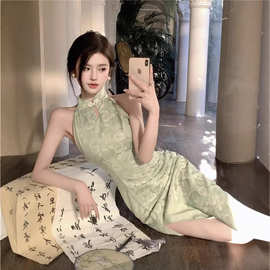 新中式改良旗袍挂脖吊带连衣裙女夏季收腰显瘦开叉包臀修身长裙子