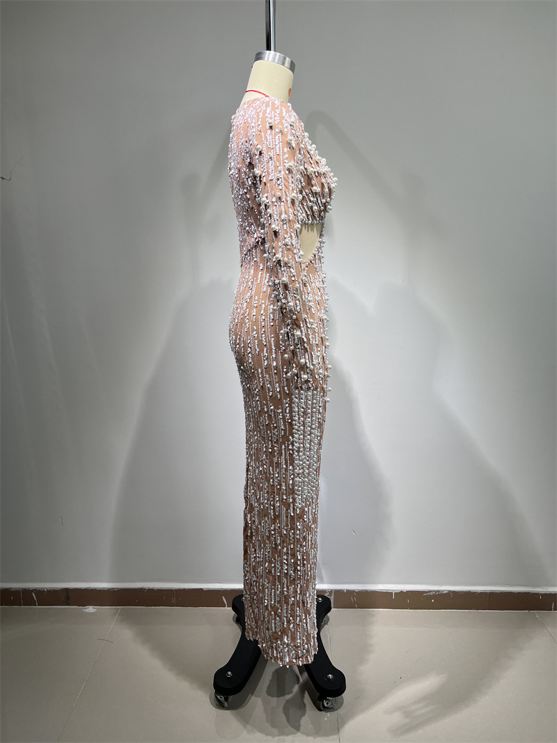 Abito da sera donna con paillettes e perline scollo a v elegante_voghion.com