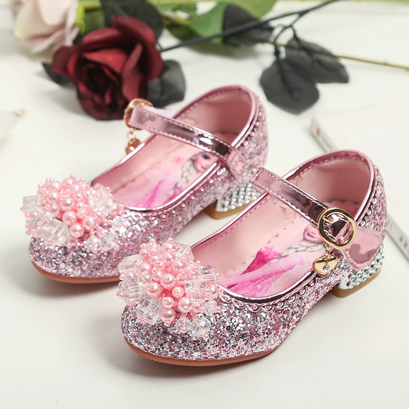 2024 весна и лето новые хрустальные детские туфли на каблуках Принцесса Аиша Блестки Маленькие туфли на высоком каблуке Детская цветочная обувь для девочек