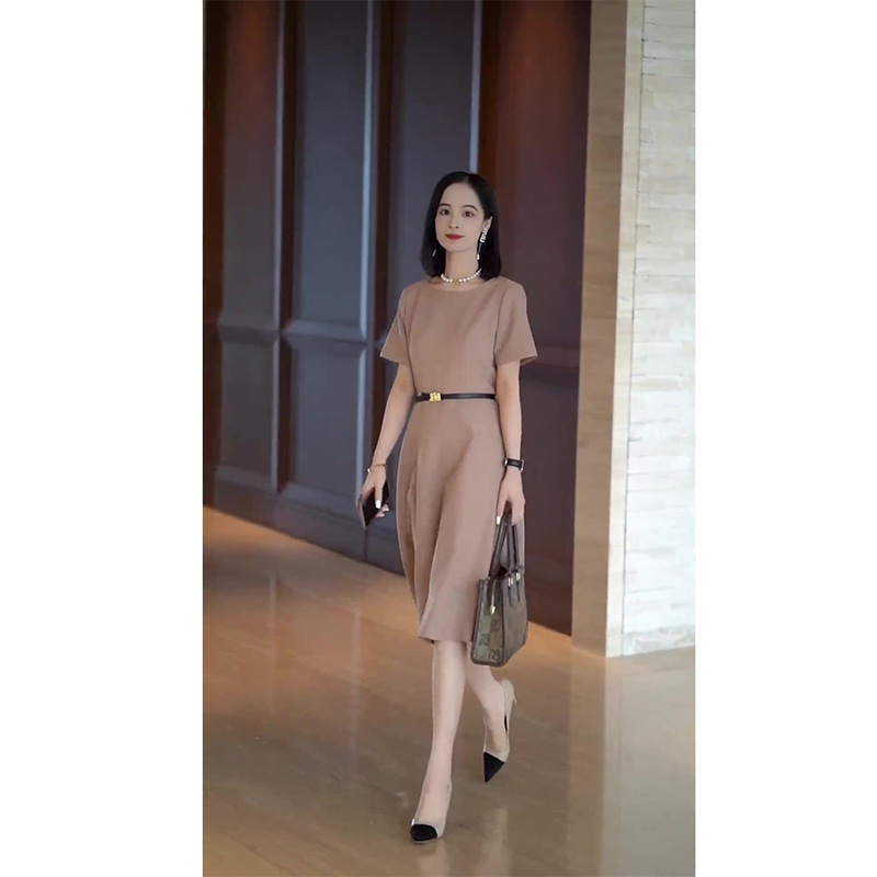 High-End Exquisite Dress, New Summer 2026 Product, Waist-Cinching and Slimming, Round Neck, Short-Sleeved, Khaki Color, Mid-Length Dress