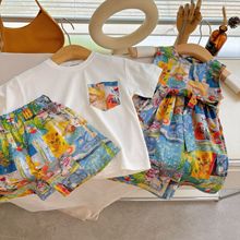 高品质油画风亲子套装夏季儿童新款休闲舒适透气可爱油画艺术风格