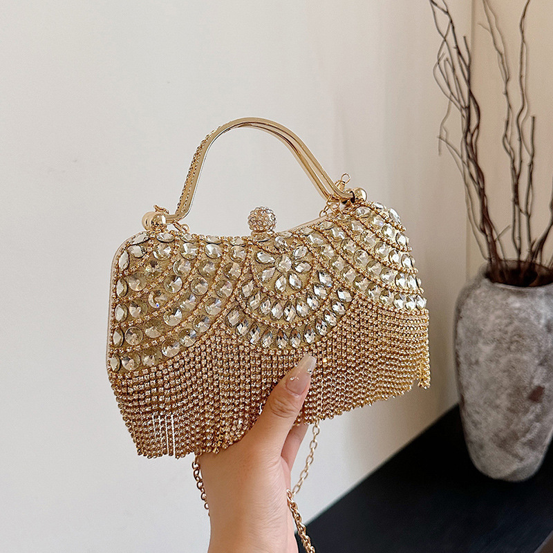 2026 New Cross-Border European and American Style Rhinestone Evening Bag with Tassels, Fashionable Socialite Evening Shoulder Bag