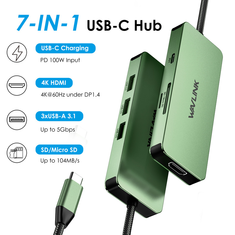 Wavlink 5Gbps Usb3.1 7-in-1 Docking Station 100W Pd Sd/Tf Card Reader Uhp3416