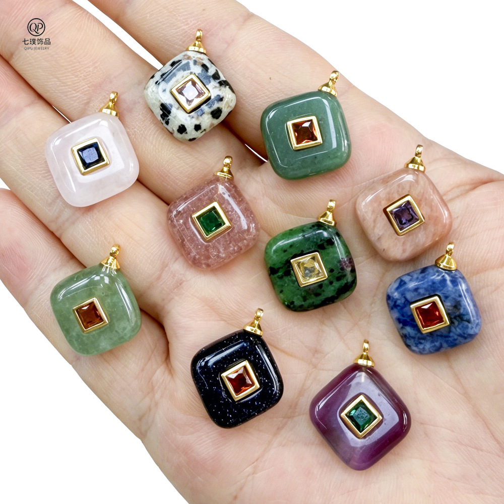 European and American Popular Natural Stone Square Pendant Tiger Eye Crystal Inlaid with Zircon Necklace Geometric Rhombus Pendant DIY Accessories