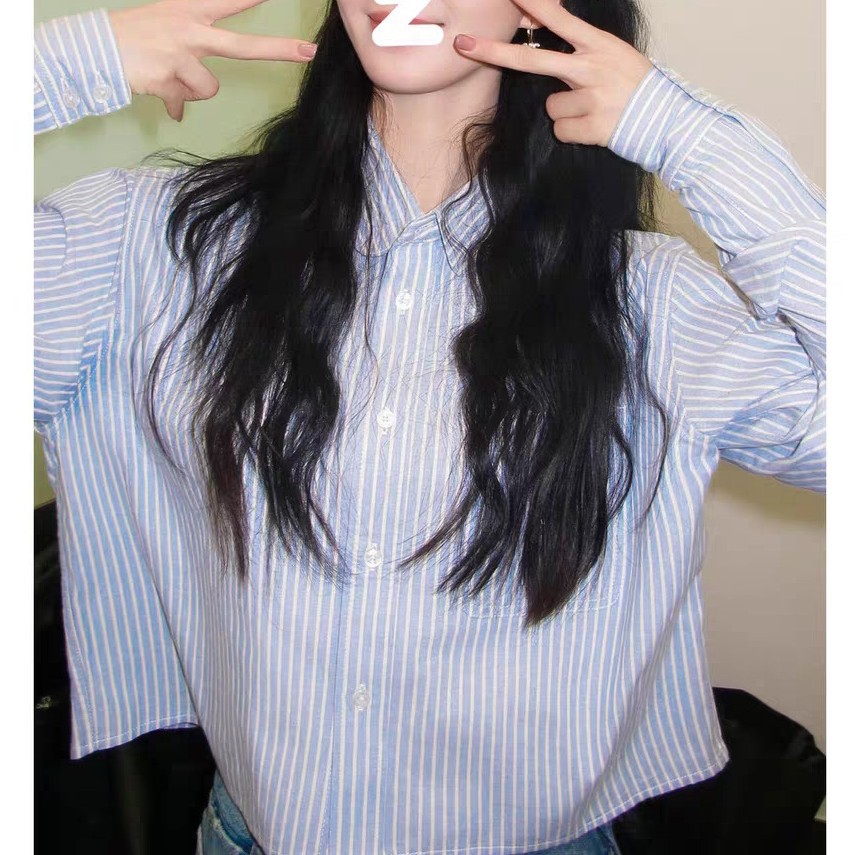 刘诗诗同款蓝色条纹长袖衬衫女士秋新款上衣宽松气质通勤短款衬衣