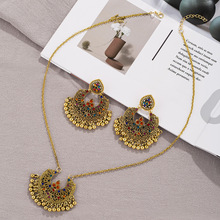 欧美时尚金色复古宫廷彩钻铃铛耳环项链套装气质女个性饰品套装