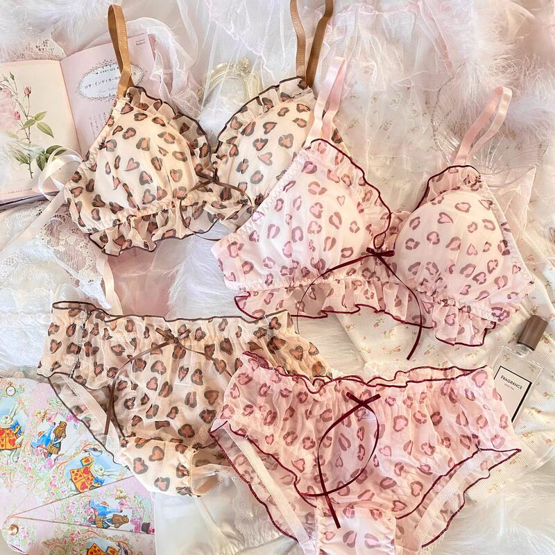 Sexy Pure Desire Girl's Small Chest Gathering Summer Thin Comfortable Breathable Leopard Print Underwear Non-Rim Bra suit