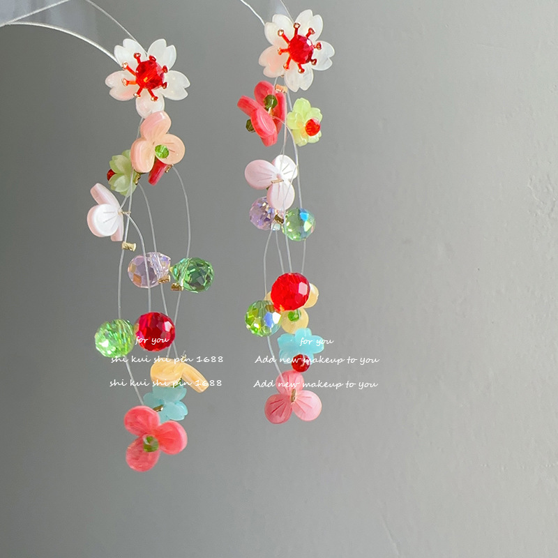 Summer flowers color dopamine flower tassel earrings atmosphere exaggerated seaside holiday wind ear jewelry earrings