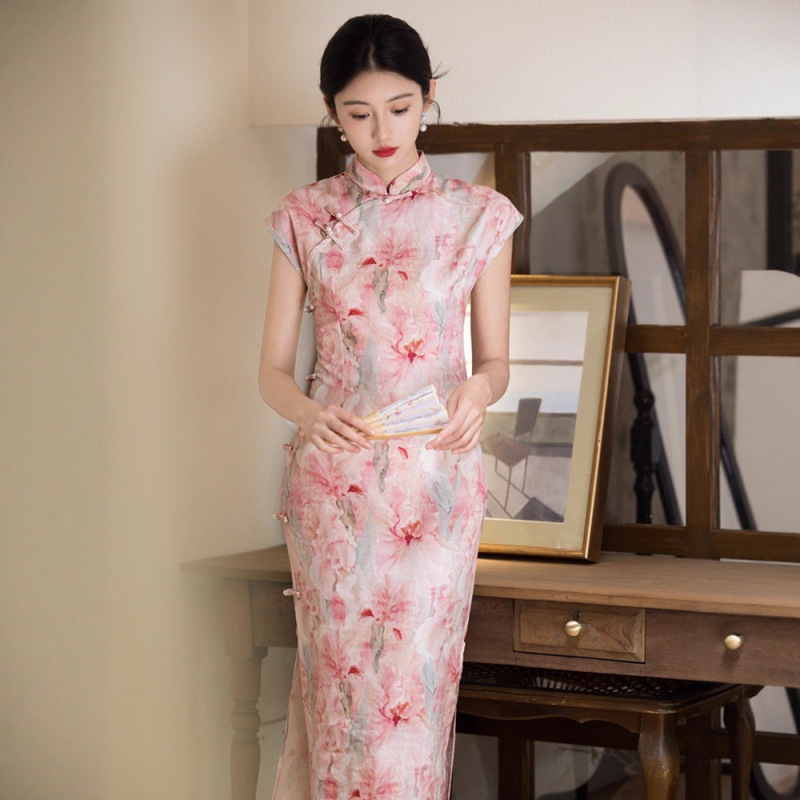 Pink Sleeveless Cheongsam for Women, Summer Thin Style 2025 New Plus Size Slimming Tummy Covering Improved Dress