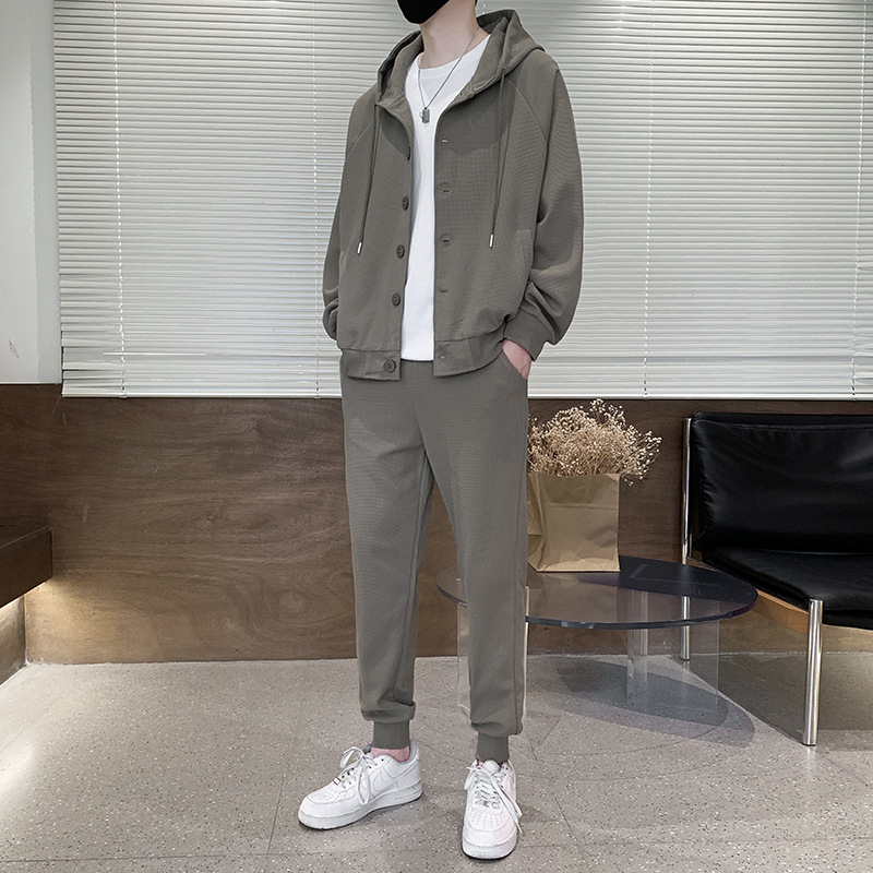 Primavera y otoño traje casual para hombres primavera nueva marca de moda waffle cardigan hombre guapo ropa deportiva para hombres un conjunto