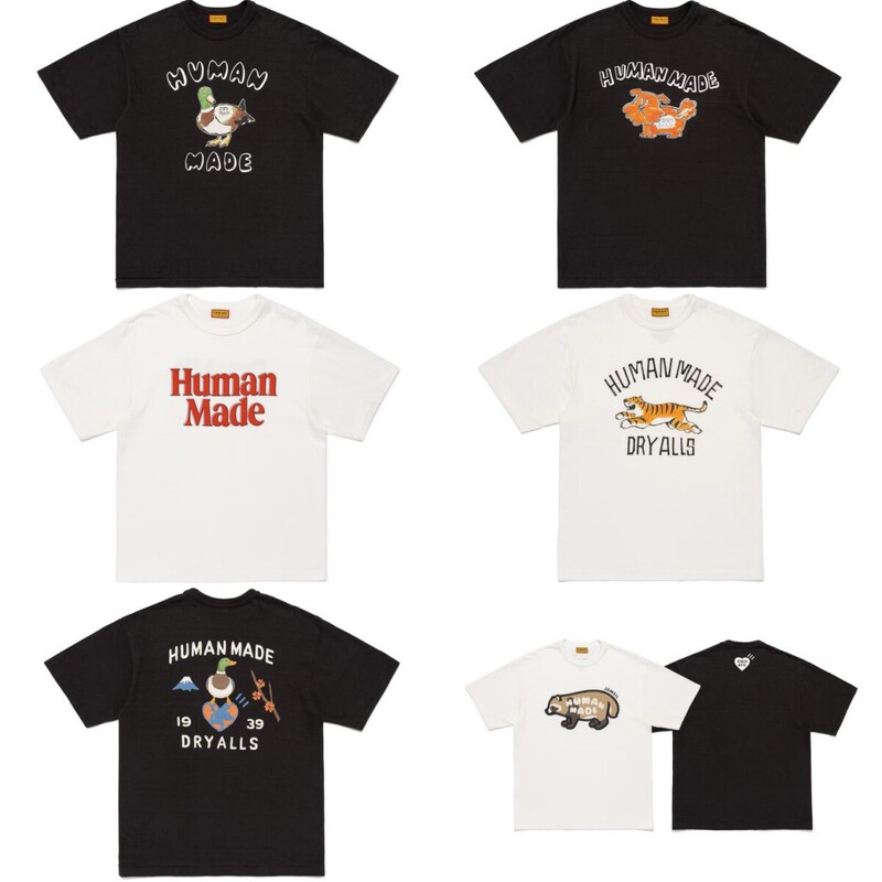 Japanese-style trendy brand human retro cute cartoon print HM short-sleeve T-shirt, unisex, couple's summer bamboo cotton Japanese-style trendy brand human retro cute cartoon print HM short-sleeve T-shirt, unisex, couple's summer bamboo cotton