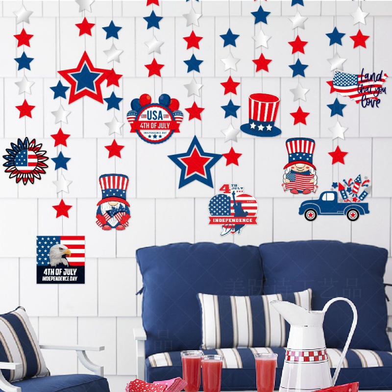 Fabricante directo para el día de la independencia de los Estados Unidos colgante de decoración de la estrella de la bandera de los Estados Unidos colgante de línea